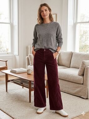 Vintage-inspired High Waisted Burgundy Corduroy Wide Leg Pants 5(27)